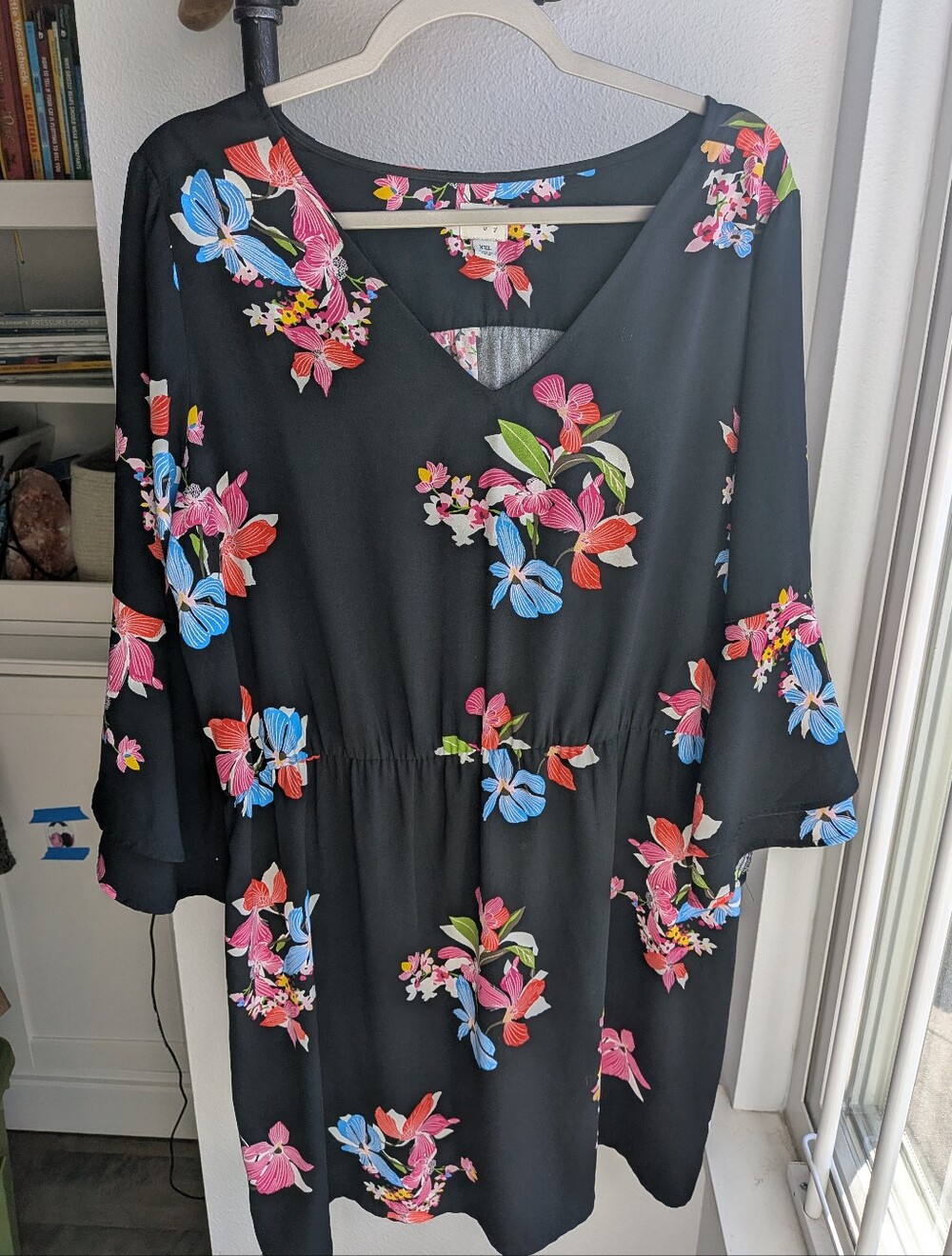 A New Day Black Floral V-Neck Bell Sleeve Elastic Waist Dress XXL